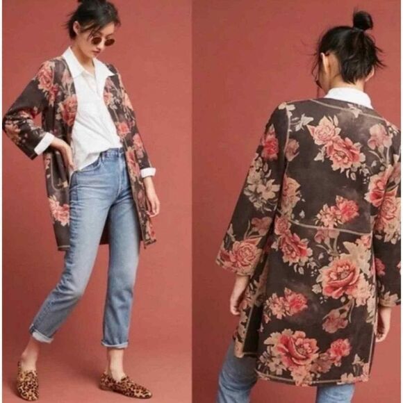 Anthropologie Solitaire Faux Suede Floral Long Cardigan - Picture 2 of 10
